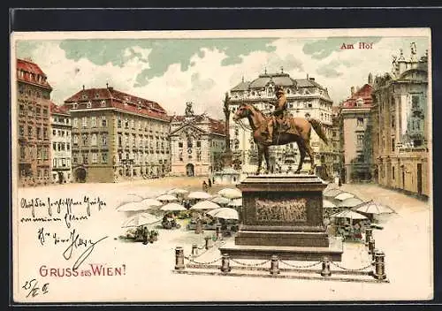 Lithographie Wien, Am Hof, Blick auf Radetzky-Reiterstandbild und Marktstände