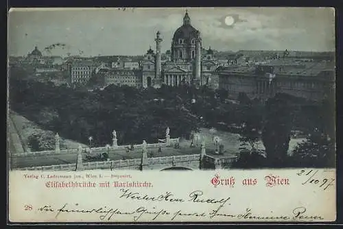 Mondschein-AK Wien, Elisabethbrücke mit Karlskirche