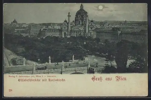 Mondschein-AK Wien, Elisabethbrücke mit Karlskirche