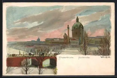 Lithographie Wien, Elisabethbrücke mit Karlskirche