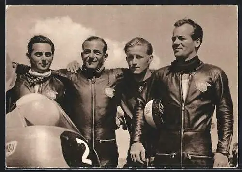 AK NSU-Motorrad-Fabrikmannschaft 1954, Werner Haas, H. P. Müller, Rupert Hollaus und Hans Baltisberger