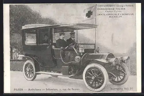 AK Paris, Ambulance et Infirmiers 7 rue de Sévres, Voiture Unic George Richard, Rotes Kreuz Krankenwagen