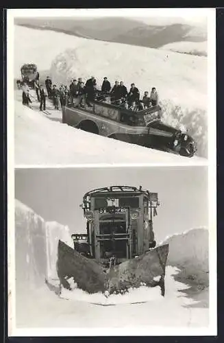 AK Schneepflug und offener Reisebus auf dem Grand Ballon