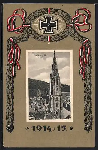 AK Freiburg /Br., Blick auf den Münster, Passepartout mit Reichsfahne und Eisernem Kreuz