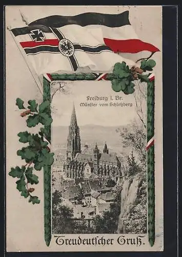 AK Freiburg i. Br., Münster vom Schlossberg, Passepartout mit Reichskriegsfahne