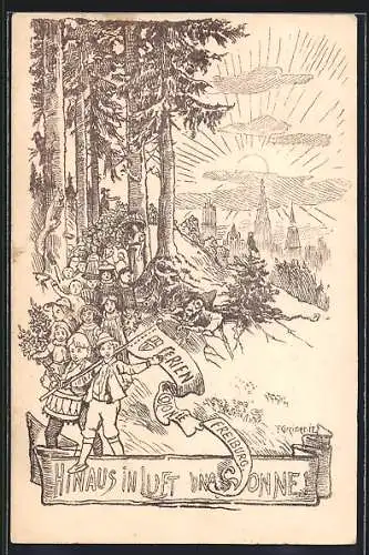 Künstler-AK Freiburg i. Br., Kinderhilfstag 1912, Feriencolonie, Kinder auf Wanderung