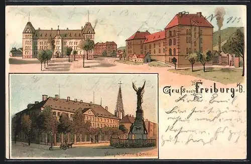 Lithographie Freiburg i. Br., Kaserne mit Denkmal