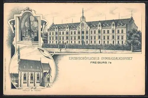 Lithographie Freiburg i. B., Erzbischöfliches Gymnasialkonvikt, Kapelle der Anstalt, Innenansicht