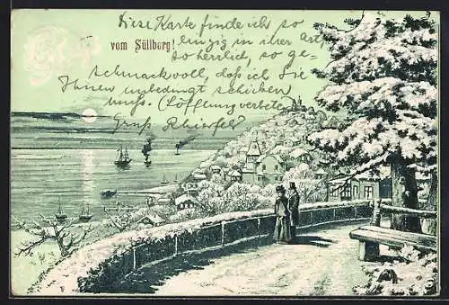 Lithographie Blankenese / Süllberg, Winterlicher Blick auf den Hafen