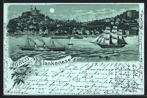 Mondschein-Lithographie Hamburg-Blankenese, Blick auf Hafen und Süllberg