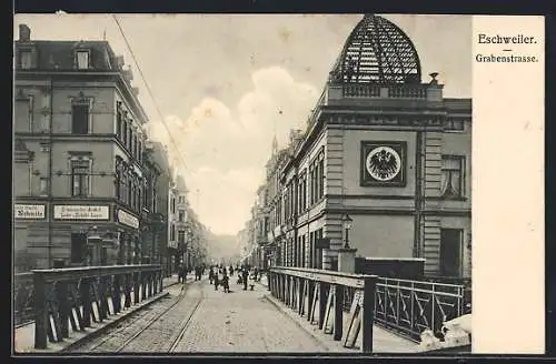 AK Eschweiler, Grabenstrasse mit Brücke und grossem Kuppelgebäude, Reichsadler