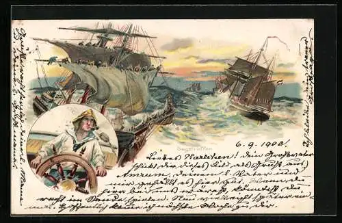 Lithographie Segelschiffe auf hoher See, rauchender Seemann am Steuerrad