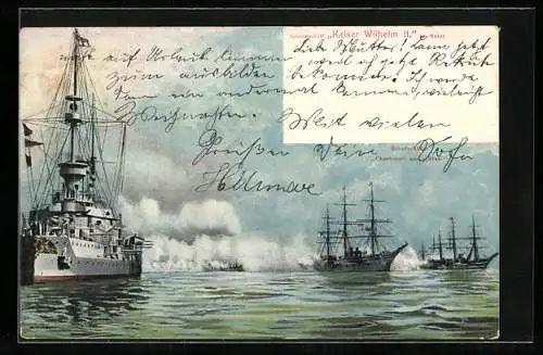 AK Linienschiff Kaiser Wilhelm II beim Salut, Kriegsschiffe Charlotte und Nixe