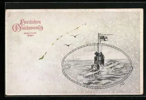 AK Deutsches U-Boot mit der Reichskriegsflagge an der Wasseroberfläche, Neujahrskarte