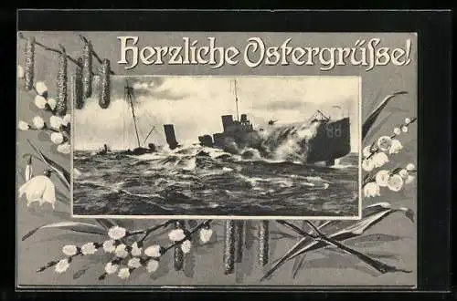 AK Kriegsschiff und Schnellboot auf stürmischer See, Osterpassepartout