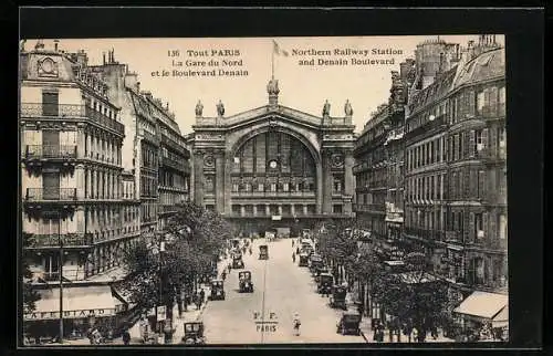 AK Paris, La Gare du Nord et le Boulevard Denain