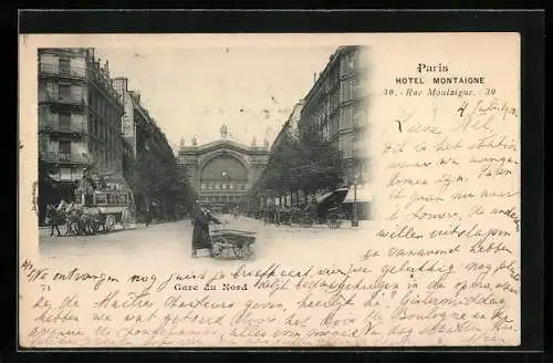 AK Paris, Gare du Nord, Nordbahnhof mit Mann und Bollerwagen