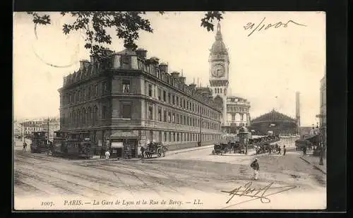 AK Paris, La gare du Lyon et la rue de Bercy, Bahnhof, Strassenbahn, Pferdekutschen