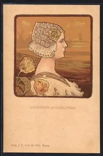 Lithographie Koningin Wilhelmina von den Niederlanden mit Tulpen