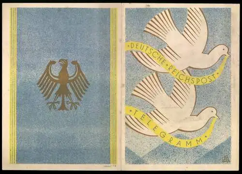 Telegramm Deutsche Reichspost, 1930, Zwei Tauben und Reichsadler auf blauer Aussenseite