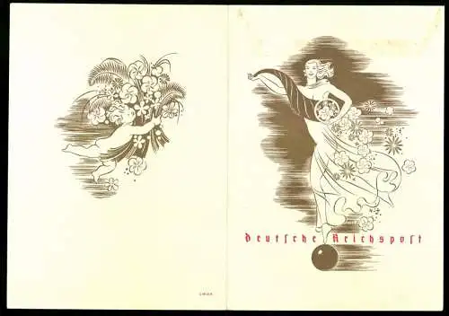 Telegramm Deutsche Reichspost, 1941, künstlerische Illustrationen einer Frau und eines Engels mit Blumen, Entwurf Gaigg