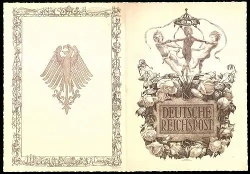 Telegramm Deutsche Reichspost, 1929, kunstvolle Adler- und Blumenverzierungen, Kinder tanzen im Reigen, Hanns Bastanier