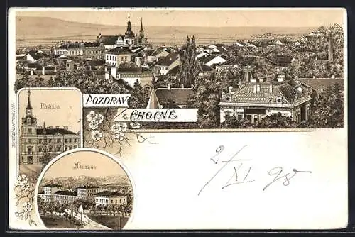 Lithographie Chocen, Radnice / Rathaus, Nadrazi / Bahnhof