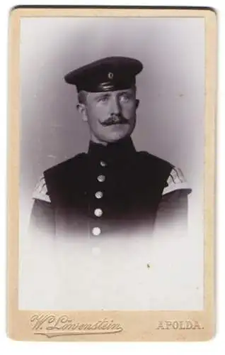 Fotografie W. Löwenstein, Apolda, Soldat in Musiker Uniform mit Schwalbennest und Mustache