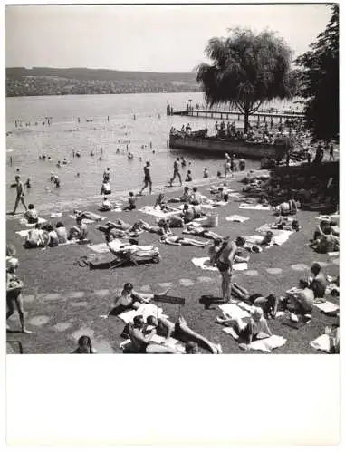 Fotografie unbekannter Fotograf, Ansicht Zürich, Badestrand am Lac de Zurich mit Badegästen, Bademode