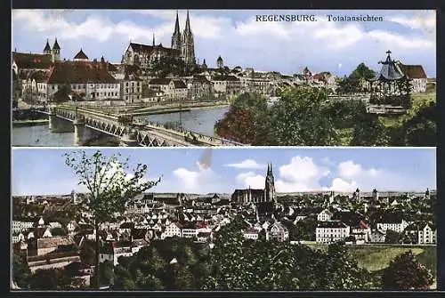 AK Regensburg, Totalansichten mit Fluss, Pavillon und Dom