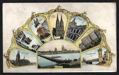 AK Köln, Dom Südseite, Rathaus und Hahnentor im Fächer