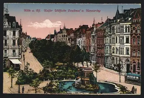 AK Köln-Neustadt, Kaiser Wilhelm Denkmal und Strasse Hansaring mit Strassenbahn