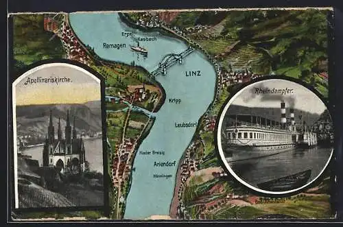 AK Linz / Rhein, Apollinariskirche, Rheindampfer, Panorama mit Leubsdorf, Ariendorf und Remagen