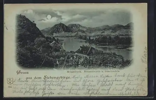 Mondschein-AK Rolandseck /Siebengebirge, Teilansicht mit Nonnenwerth und Drachenfels