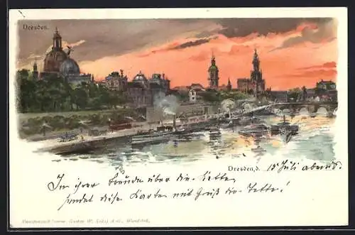 Lithographie Dresden, Totalansicht mit Partie der Elbe