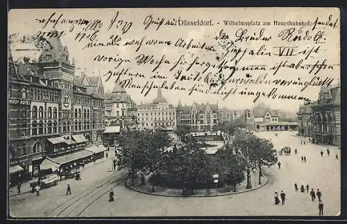 AK Düsseldorf, Wilhelmsplatz mit Bahnhof-Hotel am Hauptbahnhof