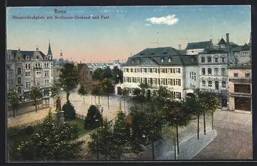 AK Bonn, Münsterkirchplatz mit Beethoven-Denkmal und Post