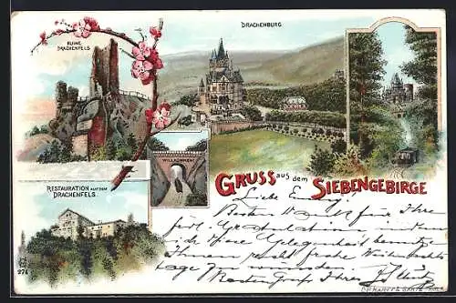 Lithographie Königswinter, Restaurant auf dem Drachenfels, Drachenburg, Ruine