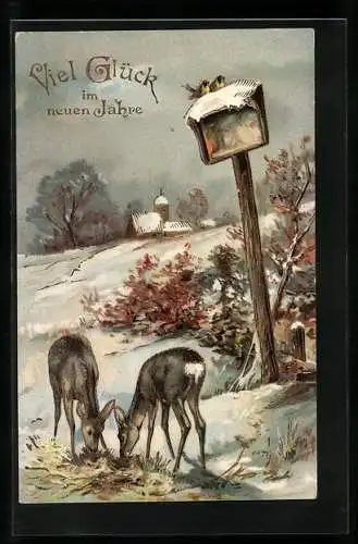 AK Rehe in Winteridylle, Neujahrsgruss