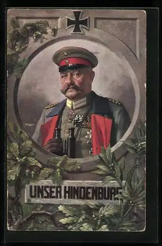 Künstler-AK Paul von Hindenburg in Uniform mit Pour le Merite, Fernglas in der Hand, Eisernes Kreuz