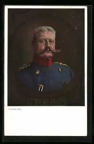 Künstler-AK H. Ulmer: Portrait Paul von Hindenburg, Vorwärts...bis der letzte Russe besiegt am Boden liegt