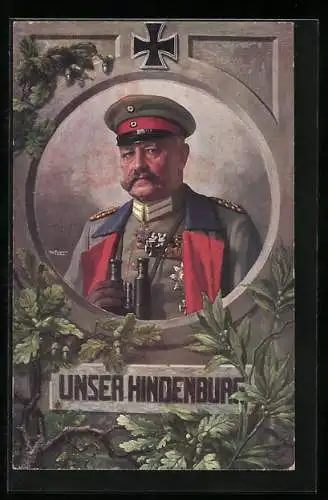 Künstler-AK Paul von Hindenburg in Uniform mit Pour le Merite, Fernglas in der Hand, Eisernes Kreuz