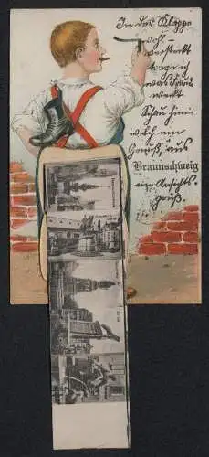 Leporello-AK Braunschweig, Ansichten in der Hose, Herzogl. Residenzschloss, Hoftheater, Dom, Brunnen am Altstadtmarkt