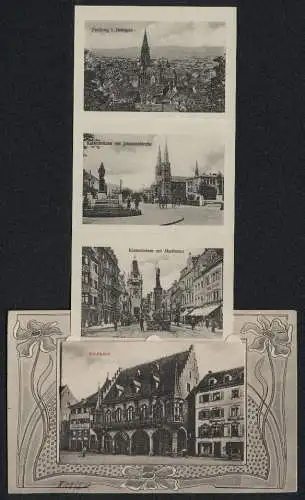 Leporello-AK Freiburg i. Breisgau, Kaufhaus im Jugendstil-Passepartout, Münster, Bruderhaus Loretto, Martinstor