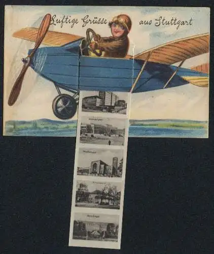 Leporello-AK Stuttgart, Ansichten im Flugzeug, Landestheater, Oberpostdirektion, Hauptbahnhof, Kunstgebäude