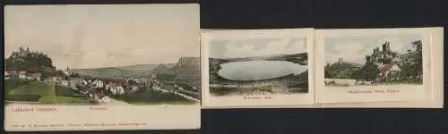 Leporello-AK Gerolstein, Panorama mit Ansichten von Ruine Löwenburg, Tropfsteinhöhle Buchenlock, Krater Papenkaul