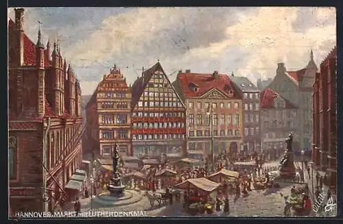 Künstler-AK Hannover, Markt mit Lutherdenkmal