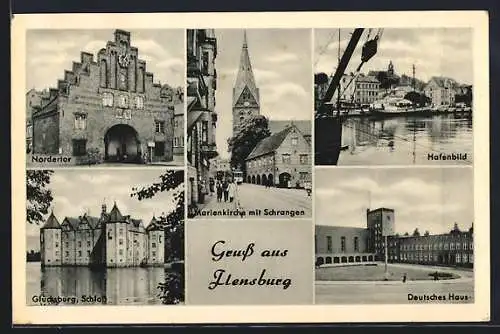 AK Flensburg, Marienkirche mit Schrangen, Deutsches Haus, Hafenbild