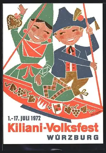 Künstler-AK Würzburg, Kiliani-Volksfest 1971, Kinderpaar in Schiffschaukel