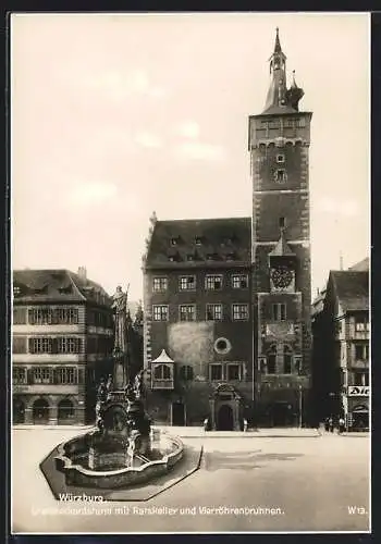 AK Würzburg, Grafeneckardsturm mit Ratskeller und Vierröhrenbrunnen